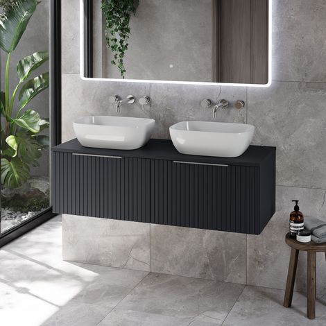 Helix 460 Fluted Satin Anthracite 1200mm Wall Mounted 2 Drawer Vanity Unit for Countertop Basins