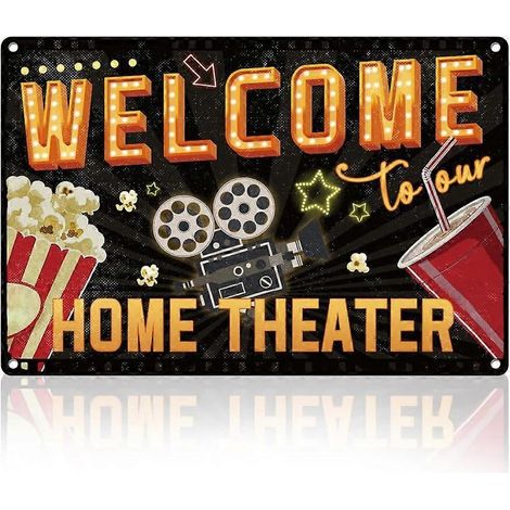 Décoration murale rétro cinéma, plaque en métal 20 x 30 cm « Bienvenue dans notre home cinéma », affiche vintage pour la maison et le café. (1/5)