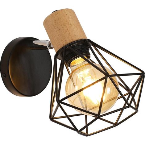 Aplique de pared de hierro regulable 110-220V, sin fuente de luz, estilo industrial vintage de madera giratoria 360°, jaula metálica negra para casquillo E27, lámpara decorativa para dormitorio, pasil (1/5)