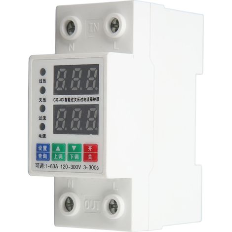 Relais de protection surtension et surintensité réglable 120-300V 1A-63A, voltmètre automatique 2 phases, disjoncteur modulaire DIN rail. (1/5)