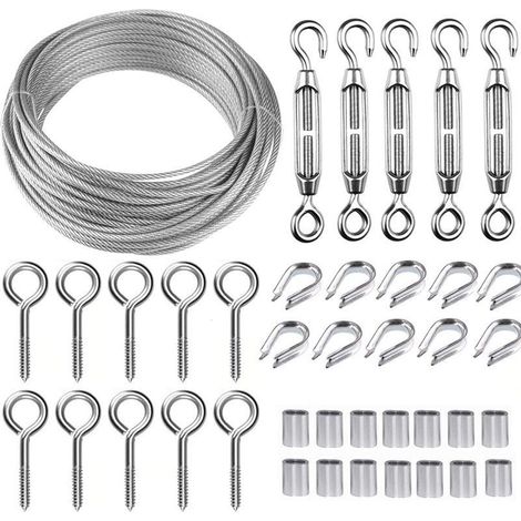 Câble en acier inoxydable de 5 mètres avec revêtement plastique, crochet télescopique, serre-câble, boucle en huit, kit de câble en acier pour la maison et l'extérieur (1/5)