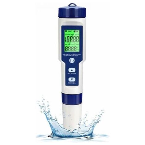 Elektronischer pH-Tester, 5-in-1-Pool-Wasserqualitätstester mit Hintergrundbeleuchtung, PH/TDS/EC/Salzgehalt/Temperatur mit ATC, 0,01-Auflösung für Trinkwasser, Aquarium, Spa FLITI