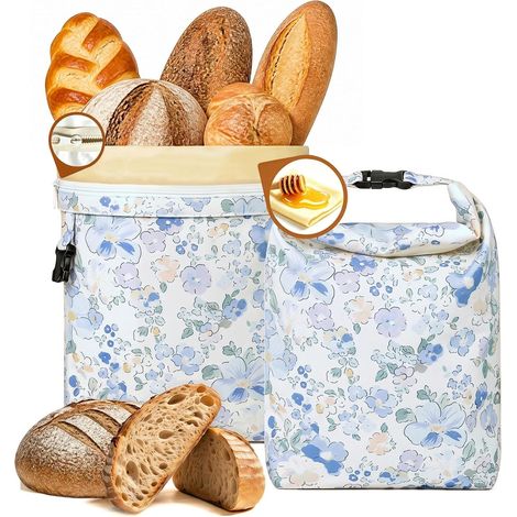 Juego de 2 bolsas reutilizables de cera de abeja (43 x 33 cm) para pan casero y de masa madre, bolsas para almacenar pan, estampado de flores azules. (1/5)