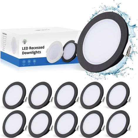 Spot LED Encastrable Noir Extra Plat, 10 x 5W Spot Salle de Bain IP65, Spot Encastré 4000K Blanc Neutre 400lm, Plafonnier Encastrable Trou 68-80mm, Spots de Plafond Pour Salon Chambre Cuisine (1/5)