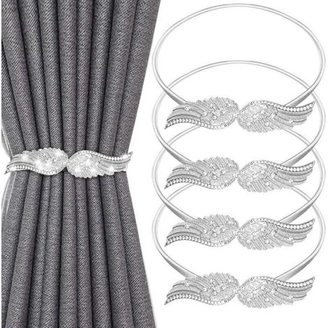 (Argent) Lot de 4 embrasses de rideaux simples, réglables en corde à ressort en métal pour la maison, la chambre, le salon et le bureau (1/4)