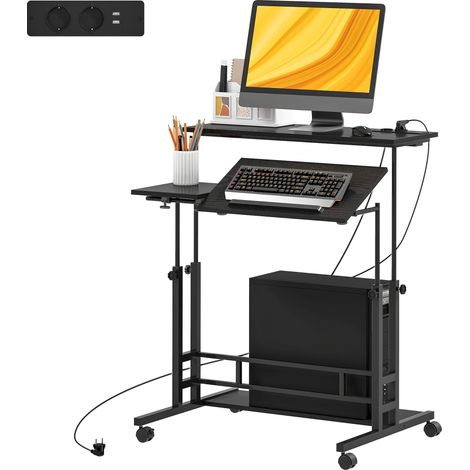 Bureau réglable en hauteur avec roulettes, prises électriques, ports USB, plateau central inclinable et étagère, 80 x 60 cm, noir (1/5)