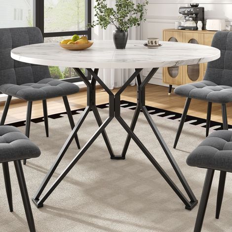 Runder Esstisch für 4 Personen, 100×100×76 cm, schwarze Metallbeine, MDF-Marmorplatte, für Wohnzimmer, Küche, Esszimmer