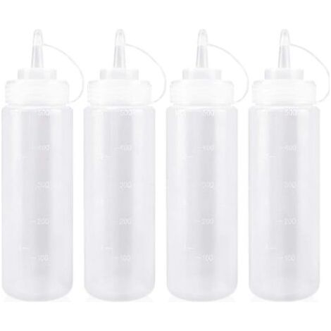Flacon Sauce Cuisine avec Capuchon 500ml Bouteille à Sauce en Plastique pour Condiments, Assaisonnements, Ketchup, Moutarde, Mayo, Huile dolive, Clair, 16oz, 4PCS