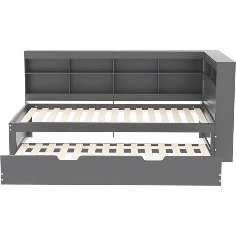 Lit banquette 90x200 avec lit gigogne 90x190, lit en bois massif gris avec port USB et rangements intégrés pour chambre. (1/5)