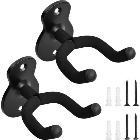 Lot de 2 Support mural pour guitare, Crochet de Guitar, support de guitare avec éponge de protection, Noir Accroche Guitare Mural Stand, support,pour acoustique,électrique,Guitare,Basse,Banjo (1/4)