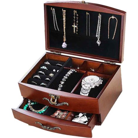 Porte-bijoux - Bois MDF Velours - 2 Tiroirs - Design Vintage - 20 x 15 x 11 cm - Idéal Cadeau - 1 Pièce (1/5)