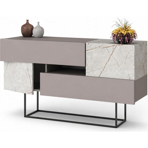 Madia Consolle Moderna 145 cm con 2 Ante 2 Cassetti Tortora e Marmo Bianco