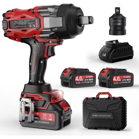 Clé à Choc Sans Fil 2200 Nm, Boulonneuse à Choc Brushless avec 2 Batteries 4,0 Ah, Visseuse à Choc 3/4" avec Adaptateur 1/2", 3 Vitesses, Clé à Choc sur Batterie pour Camion, Tracteur, Voiture (1/5)