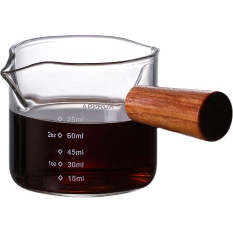 Pichet À Lait - Verre Borosilicate 100 ml - Double Bec Verseur - Poignée Bois - Tasse Doseuse Café Expresso (1/5)
