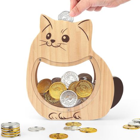 Tirelire Enfant en Bois Chat Avec des Autocollants DIY, Double Face Transparente, Décoration de Chambre Enfant, pour Anniversaire (1/5)