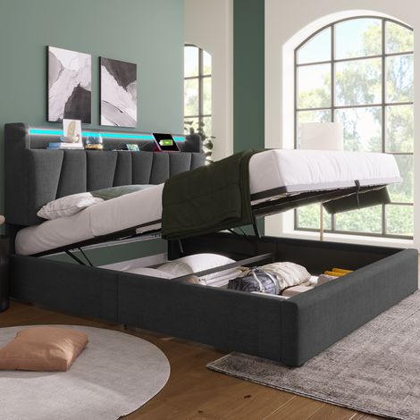 Lit rembourré 140x190 cm avec rangement, tête de lit LED et USB, sommier à lattes bois, cadre fonctionnel, gris