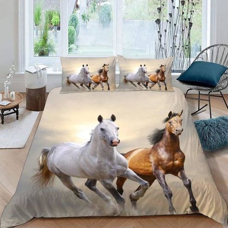 Housse de Couette Cheval 240x260 cm 2 Personnes 3 Pièces Ultra Doux 3D Coucher De Soleil Cheval Parure de Lit en Microfibre- 2YK (1/5)