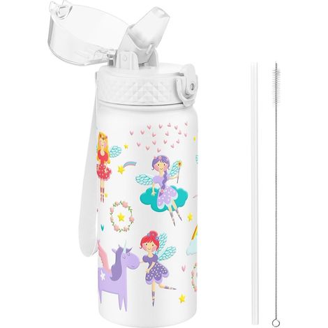Kinder Trinkflasche 550ml Edelstahl mit Strohhalm, auslaufsicher, BPA-frei, Prinzessinnen-Design (1/5)
