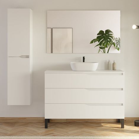 Meuble de salle de bain 120cm avec plateau et vasque arrondie Zeus - 3 tiroirs et colonne de rangement - blanc mat - MATA