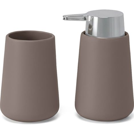 Set accessori bagno con dispenser e portaspazzolini tortora e cromo design tondo Sidney (1/5)