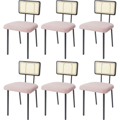 6er-Set Esszimmerstuhl HHG-707, Lehnstuhl Stuhl, Holz Poly-Rattan Metall Bouclé Stoff/Textil rosa