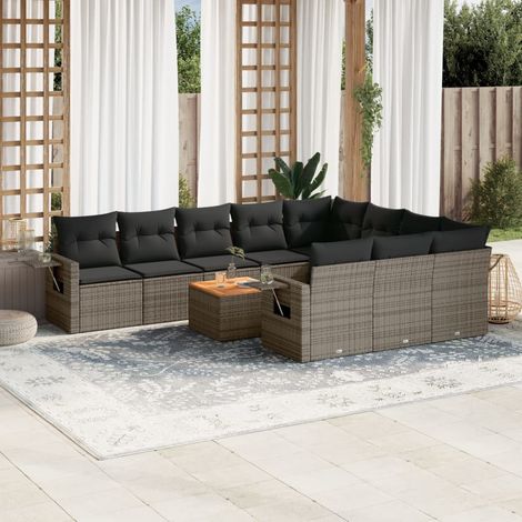 Salon de Jardin 11 Pièces Résine Tressée Gris Coussins, Espace Rangement, Tables Pliantes, Modulaire  2 Coins + 6 Centraux + 2 Accoudoirs + Table Acacia (1/3)