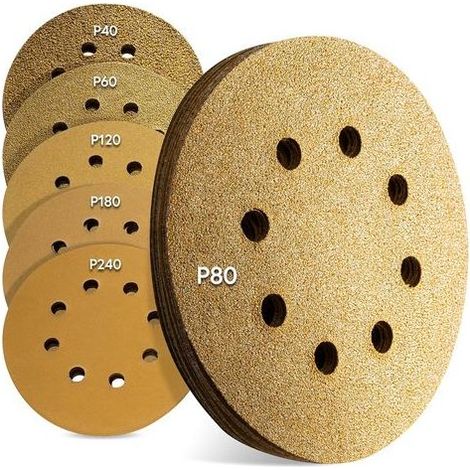 TAISHENGDA Premium 125 mm Gold Exzenterschleifscheiben, 60 Stück, 8 Löcher, Universal-Klettschleifscheiben, 10 x Körnung P40 - P240 für Holz, Metall und Lack (1/5)