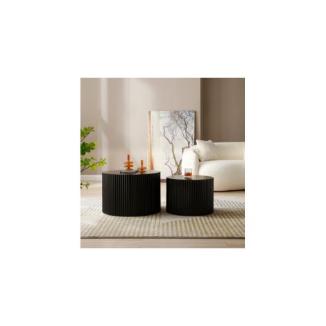 Set de 2 mesas de centro nido Ø60x40 y Ø48x35 cm negro en MDF con borde ondulado y diseño apilable (1/5)