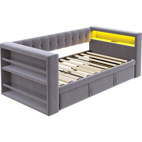 Polsterbett 90/180 x 190 cm mit LED, Steckdosen und Stauraum, Dunkelgrau (1/5)