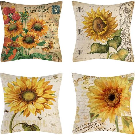 Lot de 4 Housses de Coussin Décoratives 45x45cm Tournesol, Taies d'Oreiller Imperméables Motif Fleur, Parfaites pour Terrasse Extérieure, Jardin, Banc, Salon, Canapé, Déco Campagne (1/5)