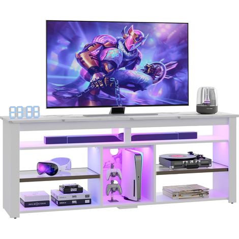 Meuble TV pour téléviseur 70 Pouces, Centre multimédia Haut avec 2 éclairages LED, Console de Jeux avec Rangement pour PS5, Meuble TV Moderne pour Chambre ou Salon, marbre Blanc (1/5)
