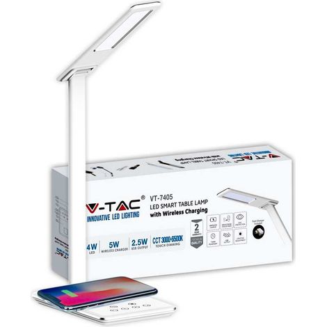 V-TAC VT-7405 4W LED Touch Farbwechsel 3in1 dimmbare Tischlampe mit kabelloser Ladestation, weißes Gehäuse - SKU 218601