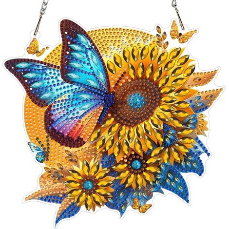 Diamant Malerei Anhänger Schmetterling Sonnenblume 20x20cm, Fensterbild Bastelset (1/4)