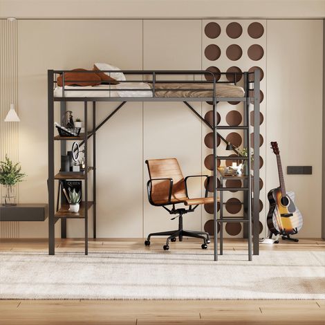 Lit mezzanine 90x200cm - avec trois étagères et bureau, structure en métal, adapté aux enfants, adolescents et adultes, style industriel, noir (1/5)