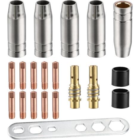QORVA-Lot de 20 embouts de contact pour buses de soudage MIG/MAG 15AK, support de connecteur de gaz M6 (10 tubes de contact M6 0,8 mm, 5 buses, 2 connecteurs, 2 isolateurs, 1 outil)