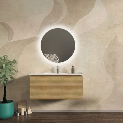 Mobile bagno 100 cm cannettato orizzontale sospeso rovere tabacco - Malaga (1/4)