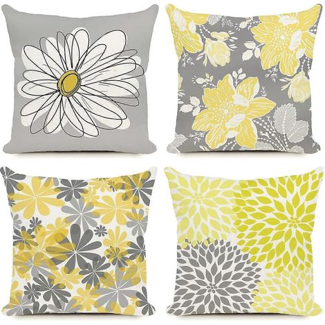 Housses de coussin d'extérieur grises et jaunes à fleurs marguerites, lot de 4 (1/4)