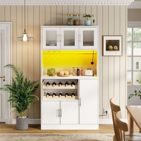 Buffet de Cuisine 100 x 40 x 180 cm éclairage LED RGB prise électrique intégrée façades vitrées porte-verres à vin blanc (1/5)