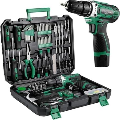 Caisse a Outil Perceuse à Percussion Sans fil 12V, Boîte Outils 138 Pièces Malette complete avec Perceusepour Réparation, Entretien et Travail pour Jardin, Bureau, Domicile Vert - (1/5)