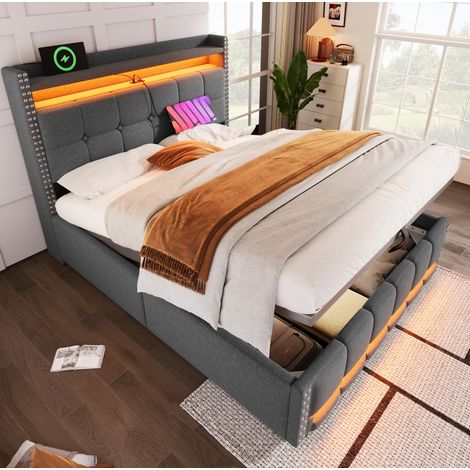 Letto contenitore adulto 160x200 cm con LED con telecomando, porta USB, testiera con mensole e vano portaoggetti, in lino, grigio, senza materasso (1/5)
