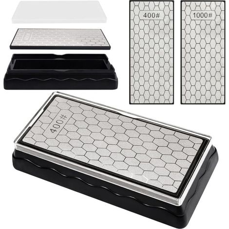 Doppelseitiger Diamant-Schärfstein (Körnung 400/1000, 185 x 92 x 40 mm), Messerschärfer aus Bienenwachs mit rutschfester Unterseite, Messer- und Scherenschärfwerkzeug für Küche und Garten (1/4)