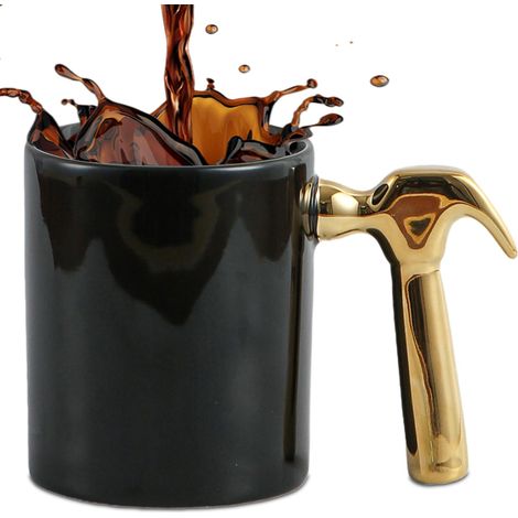 Mug Outil Drôle, Tasse à Café Créative, avec Manche Marteau ou Pince, Design Mécanique en Céramique Mug pour Bureau, Cadeau pour Homme, Collègue, Bricoleur 350 ml (Marteau d'or) (1/5)