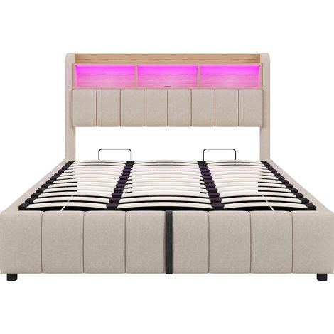 Cama tapizada 180 x 200 cm en lino beige con LED, puerto USB y almacenamiento hidráulico (1/5)