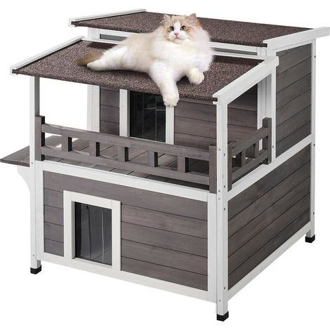 Maison pour Chat d'Extérieur, 750x751x820 mm, Niche pour Chats en Bois, Résistante aux Intempéries, 2 Étages, avec Balcon, Portes, Volets en PVC, Toit Ouvert, Cabane Abri pour Chats Sauvages (1/5)