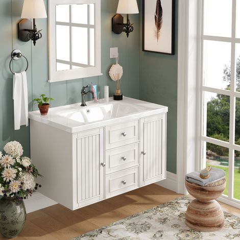 Meuble suspendu blanc sous lavabo, 3 tiroirs, rangement pour salle d'eau, 78,5 x 46 x 46,8 cm