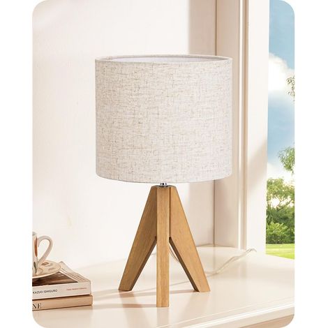 Nachttischlampe aus Holz mit beigefarbenem Leinenschirm, E27-Fassung, Stativ in Walnussoptik, inklusive 2700K-LED-Leuchtmittel, für Schlaf- und Wohnzimmer, 20 x 40 W (1/4)