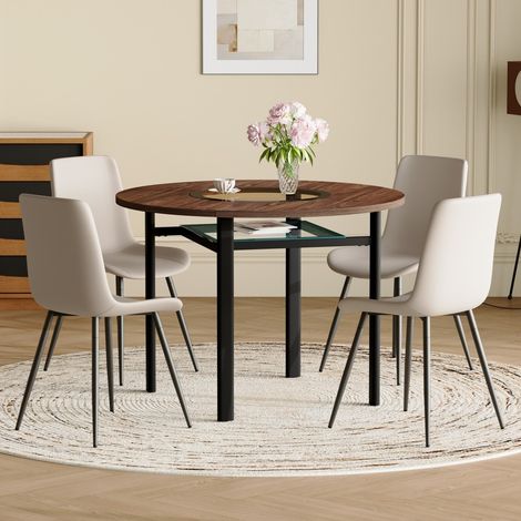 Ensemble table et chaises-Moderne-Table ronde 100cm-Bois brun-Chaises PU gris-Rangement-100x100x76cm (1/5)