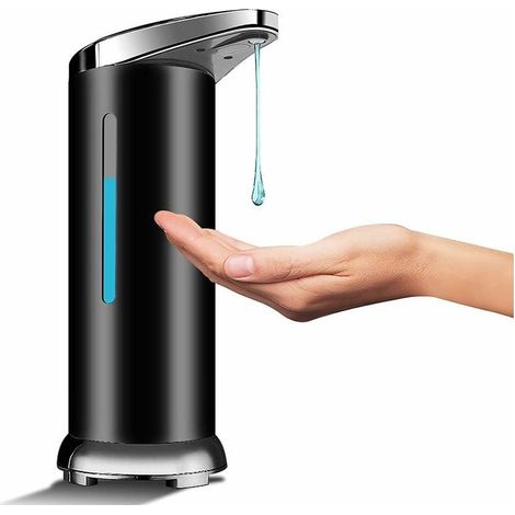 Distributeur de savon automatique en acier inoxydable, distributeur desans contact avec capteur infrarouge, interrupteur réglable et base étanche (pile noire) (1/3)
