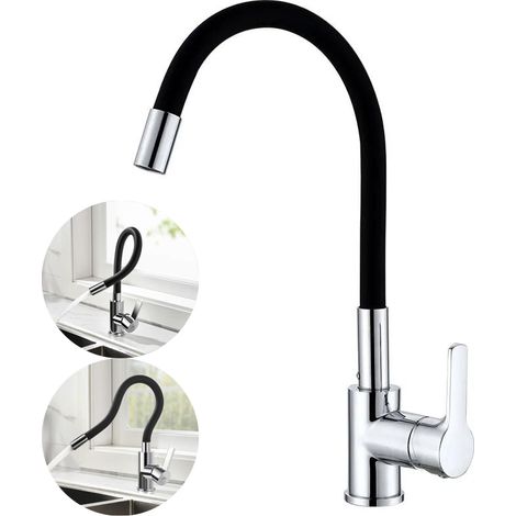 Flexible Kitchen Faucet with High Swivel Spout, Flexible Sink Mixer Tap, Chrome and Black Single Hole Sink Tap with Hot and Cold Water (Flexible Hose) (1/4)