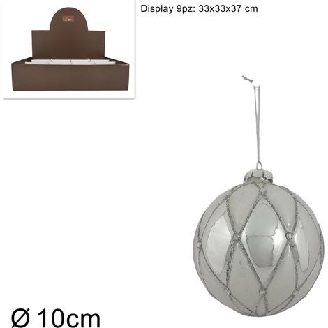 PALLA VETRO DIAMETRO 10 CM ROMBI CON DIAMANTI ARGENTO